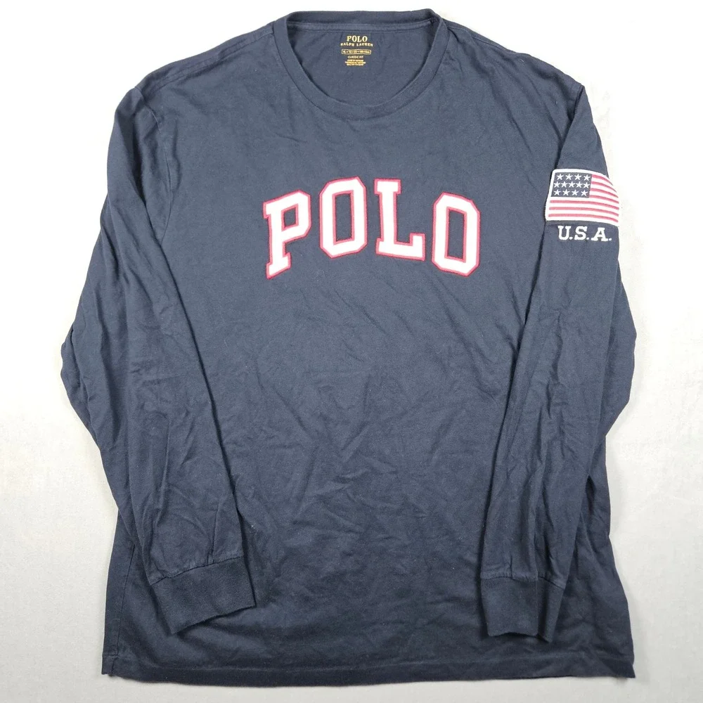 Polo Ralph Lauren T-Shirt Mens XL Navy Blue USA Flag Patch Embroidery Classic